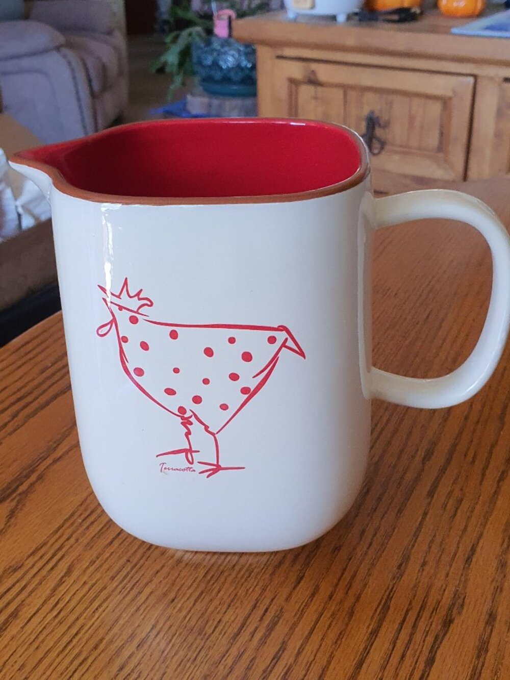 Terracotta Pitcher Chicken Rooster Polka Dots Coastline Imports 7 1/2"